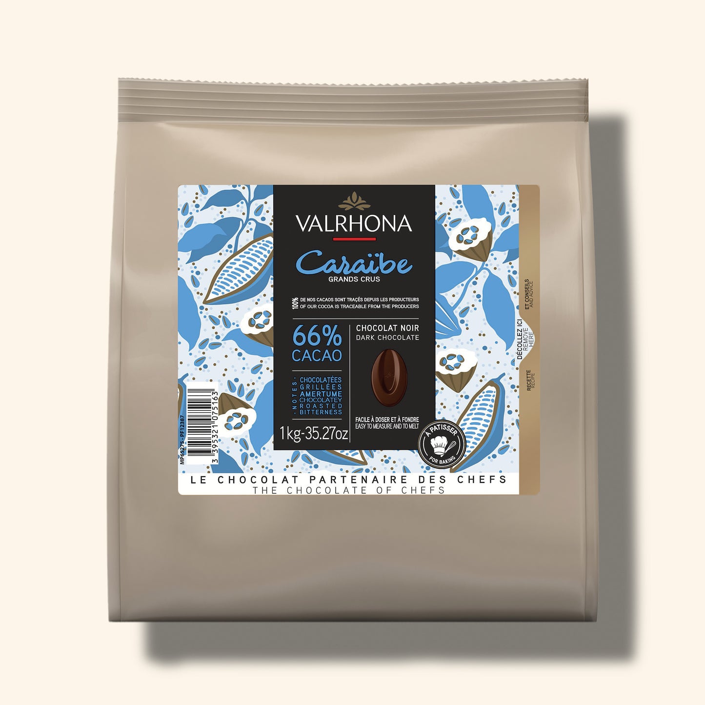 packaging du chocolat noir à pâtisser caraibe de valrhona