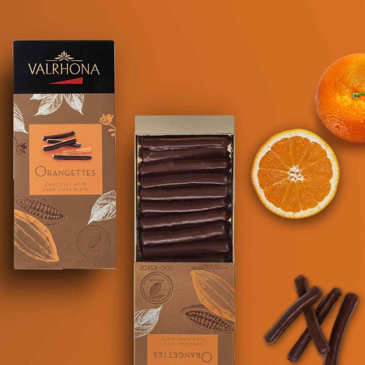 Coffret ouvert d'orangettes - Valrhona 