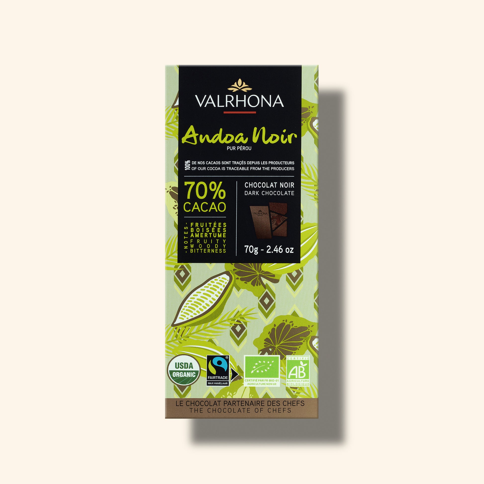 packaging de tablette de chocolat noir andoa valrhona