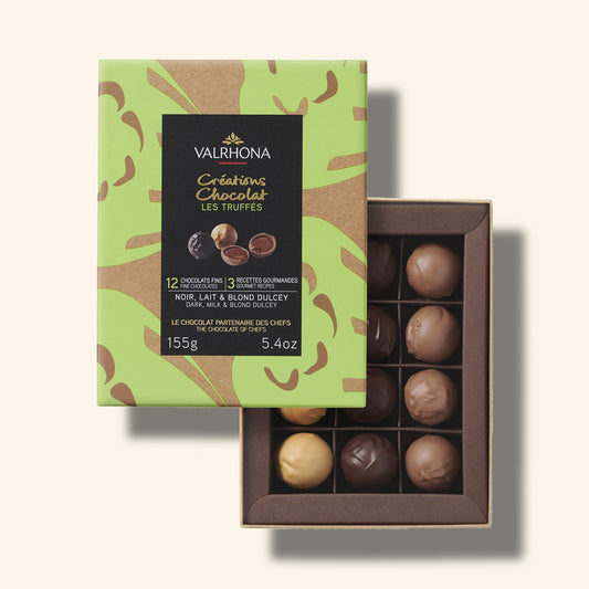 Coffret ouvert 12 truffes en chocolat noir, lait et Dulcey