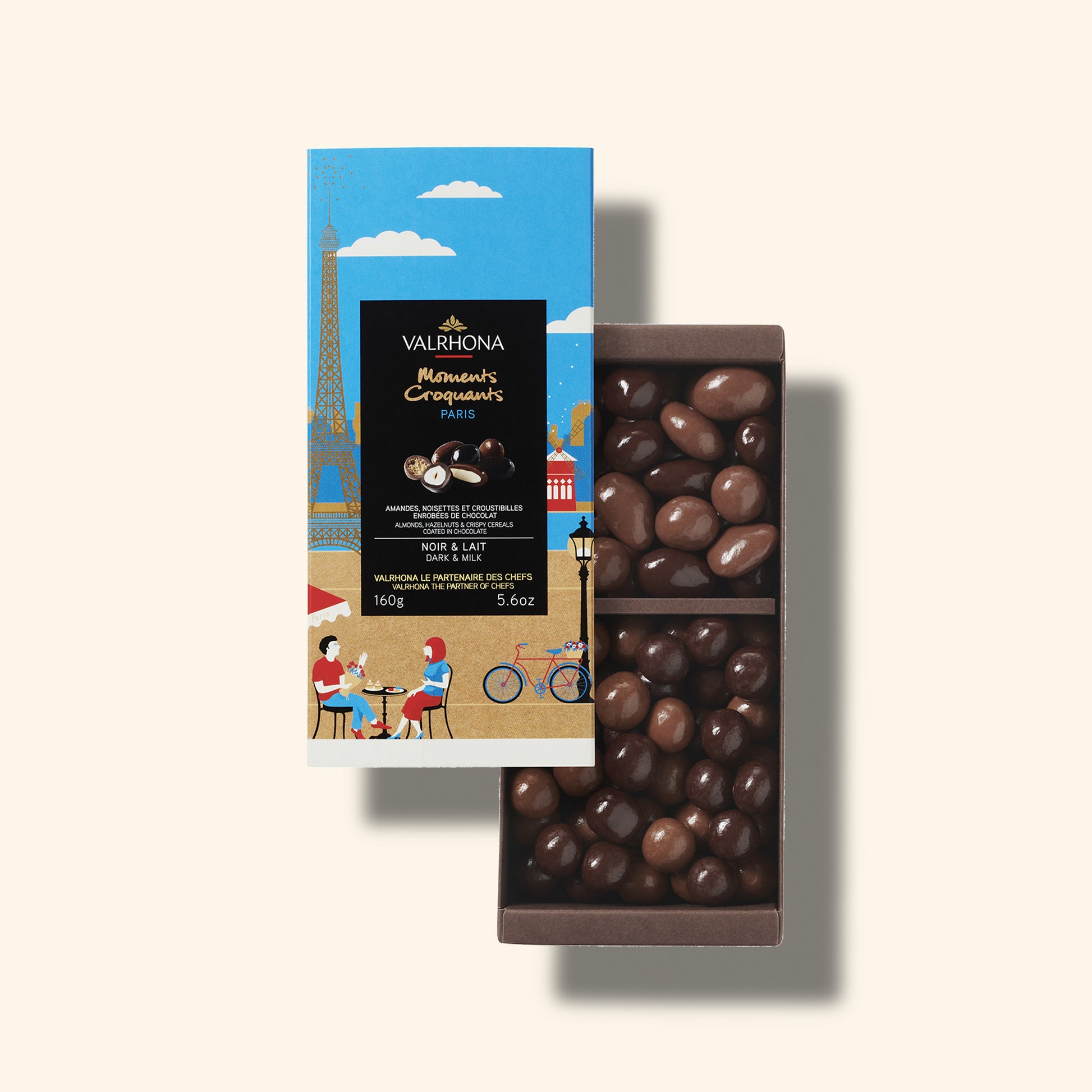 Coffret ouvert amandes, noisettes et croustibilles lait et noir - Valrhona 