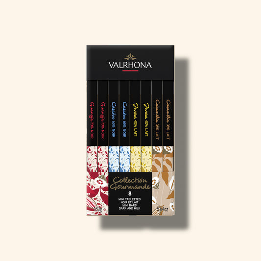 packaging du coffret de 8 mini tablettes de chocolat noir et lait Valrhona