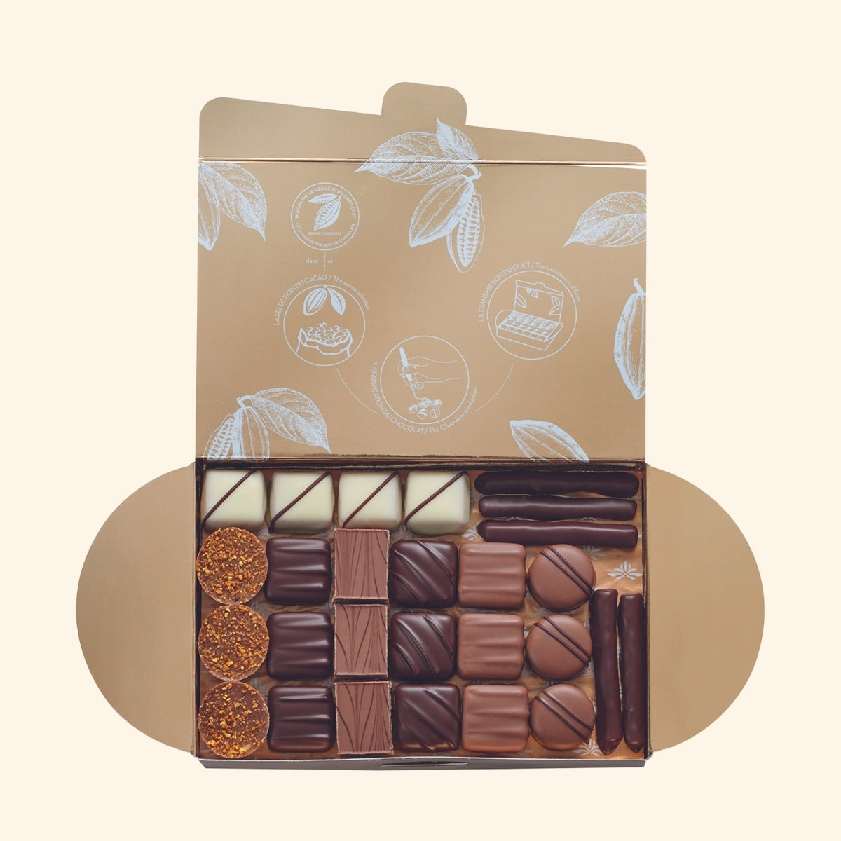 Ballotin de chocolat assortis, 465 gr, boîte ouverte pour montrer les chocolats 