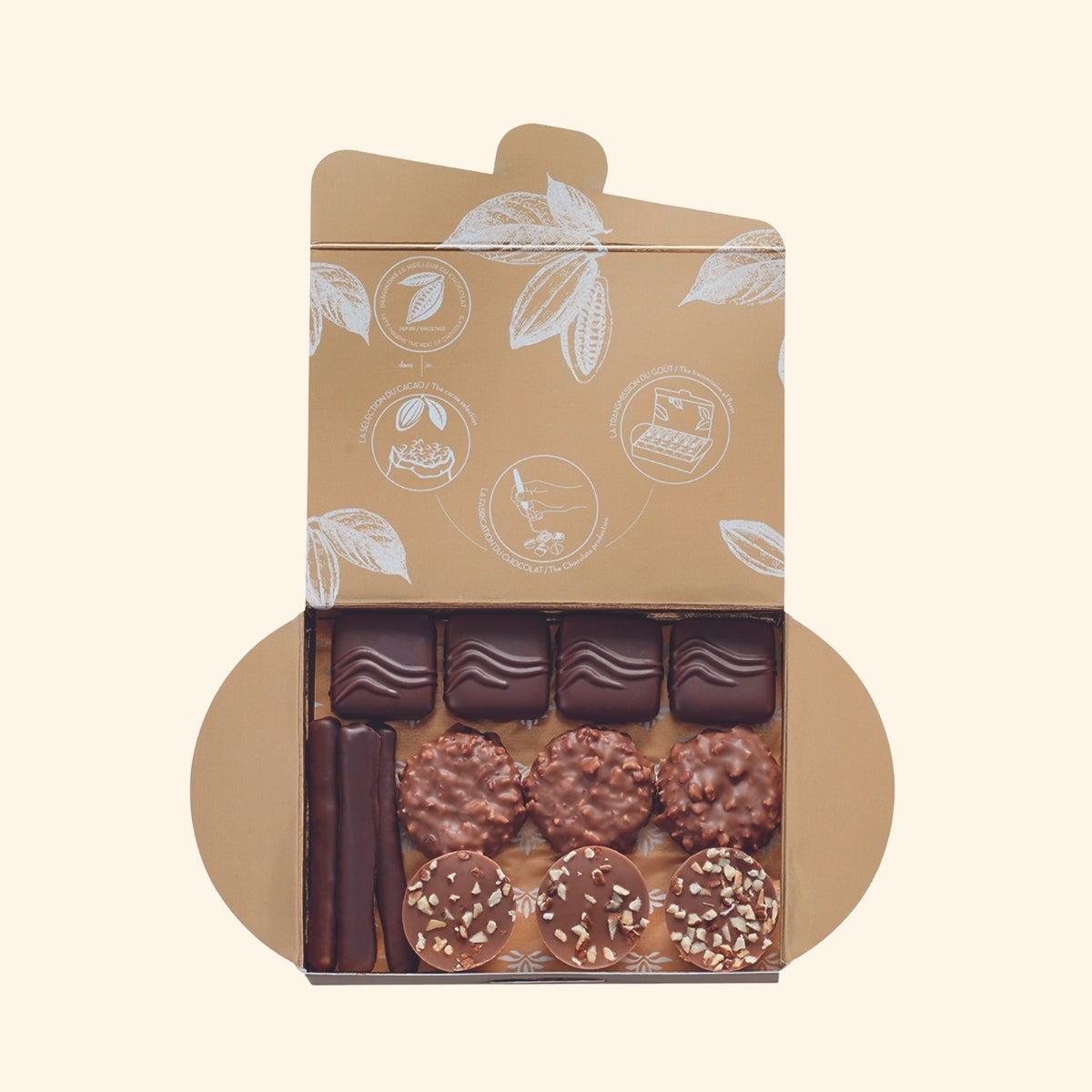 Ballotin de chocolat de 230 gr assortis, en vue ballotin ouvert